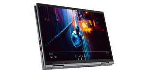 Lenovo touchscreen laptop with screen powered and in the tablet configuration with picture on showing screen quality.