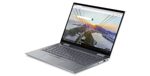 Lenovo touchscreen laptop with screen powered on with picture on showing screen quality.