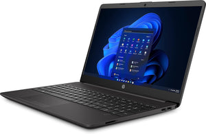 Black laptop with a blue screen displaying a software interface on a white background