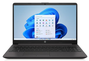 A black HP laptop with an open screen displaying the Windows 11 desktop, shown against a plain white background.