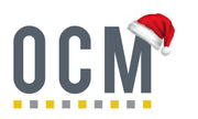 OCM logo with grey lettering, yellow and grey squares and red Santa hat