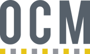 OCM logo with grey lettering and yellow and grey squares