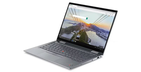 Lenovo touchscreen laptop with screen powered on with picture on showing screen quality.