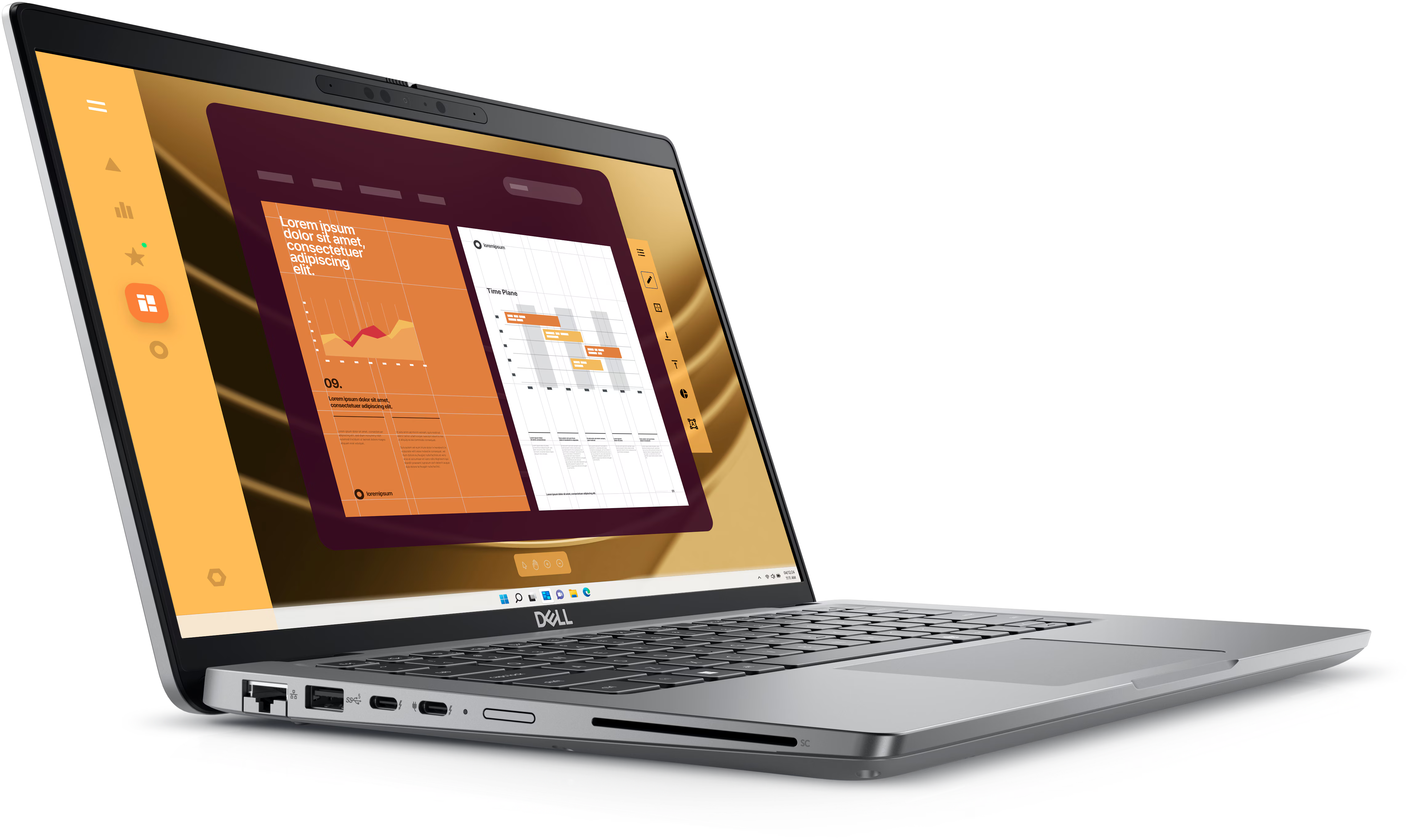 A sleek Dell Latitude 5450 laptop open at an angle, displaying a vibrant orange and white data analytics dashboard, conveying a modern and professional tone.