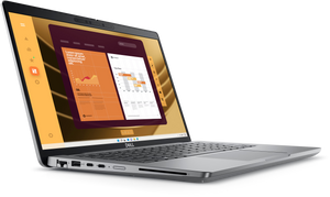 A sleek Dell Latitude 5450 laptop open at an angle, displaying a vibrant orange and white data analytics dashboard, conveying a modern and professional tone.