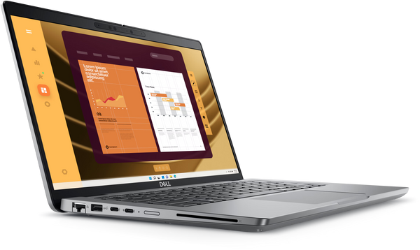 A sleek Dell Latitude 5450 laptop open at an angle, displaying a vibrant orange and white data analytics dashboard, conveying a modern and professional tone.