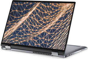 A folded laptop with a vivid geometric pattern on the screen, featuring orange lines against a dark backdrop.