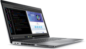 A silver Dell laptop with a split screen showing code on the left and a website design on the right. A sleek, professional workspace setting.