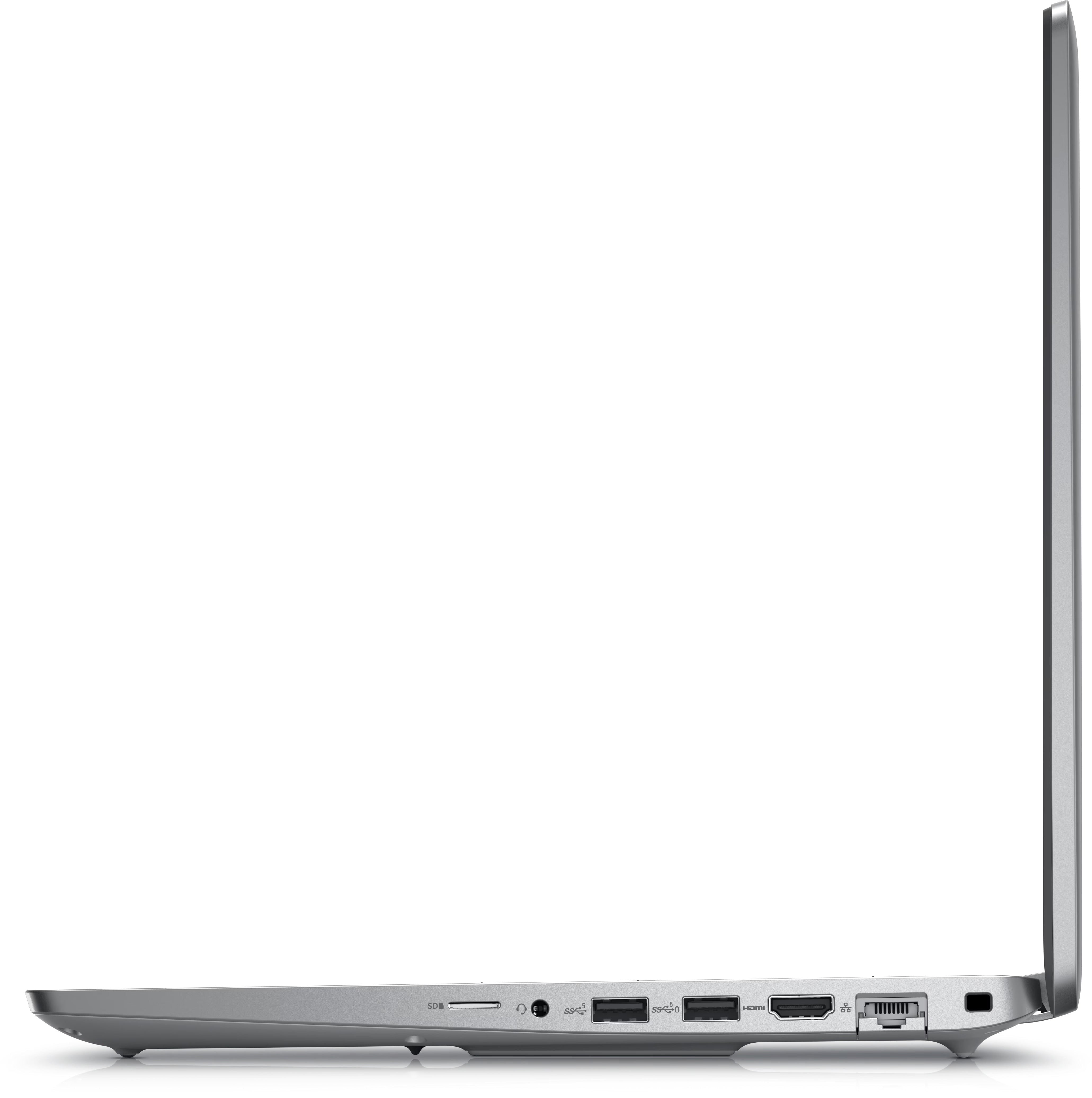 Profile view of a slim silver laptop showing various ports, including USB, HDMI, and Ethernet, against a white background, emphasising sleek design.