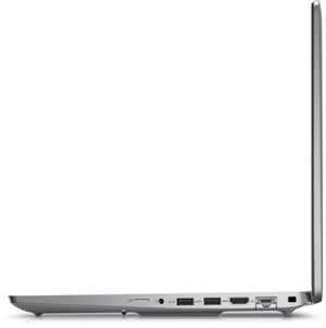 Profile view of a slim silver laptop showing various ports, including USB, HDMI, and Ethernet, against a white background, emphasising sleek design.