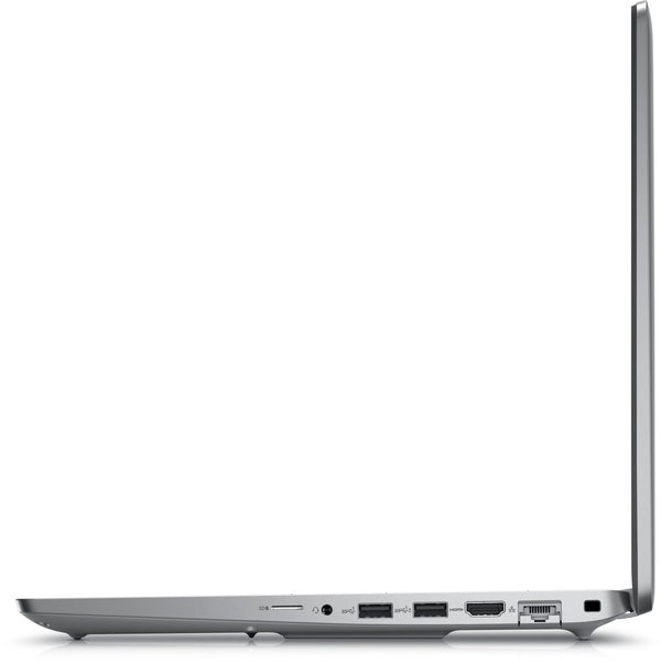 Profile view of a slim silver laptop showing various ports, including USB, HDMI, and Ethernet, against a white background, emphasising sleek design.