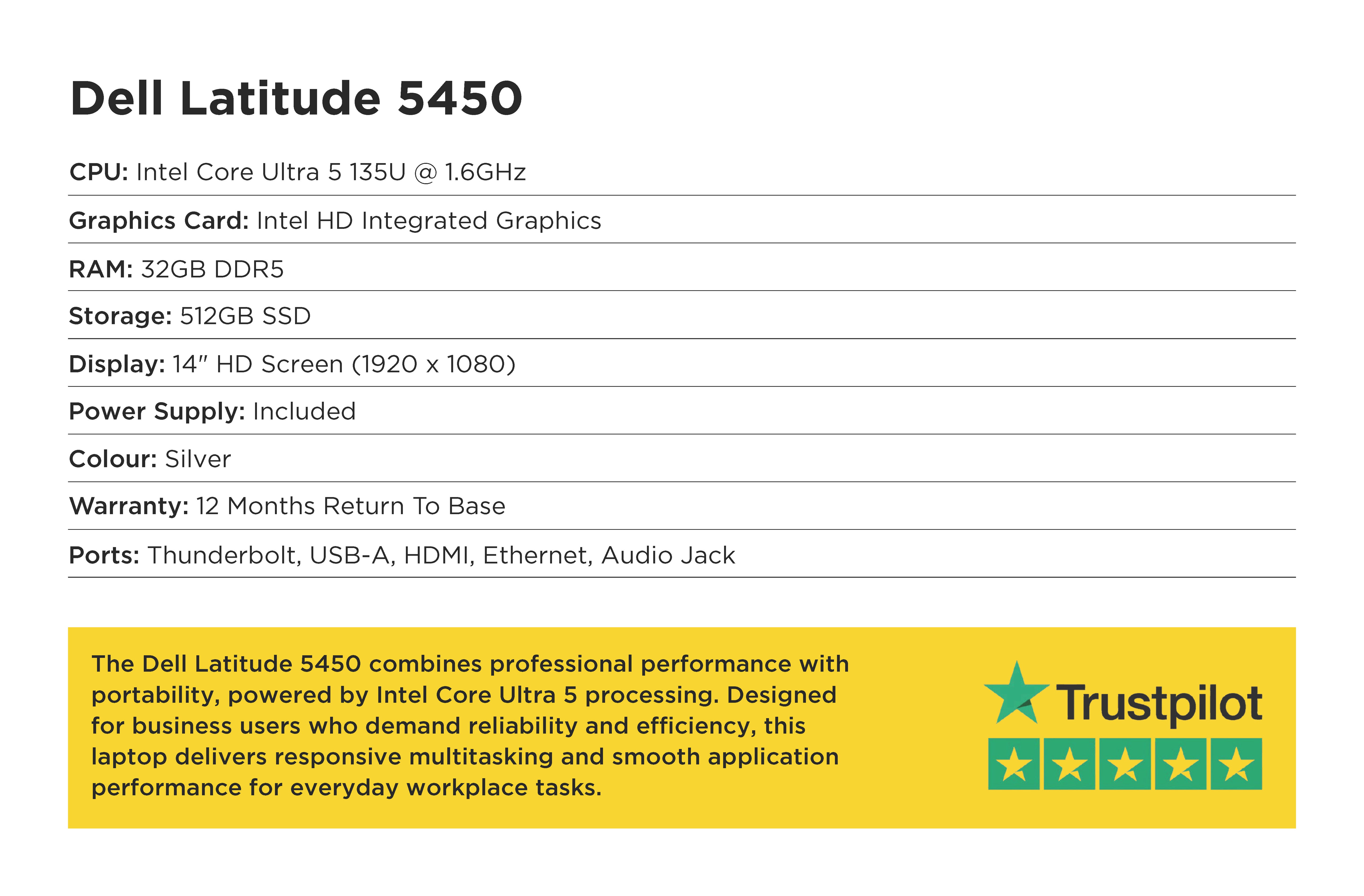 Product specifications of Dell Latitude 5450 on a white background with Trustpilot rating.