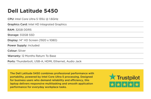 Product specifications of Dell Latitude 5450 on a white background with Trustpilot rating.