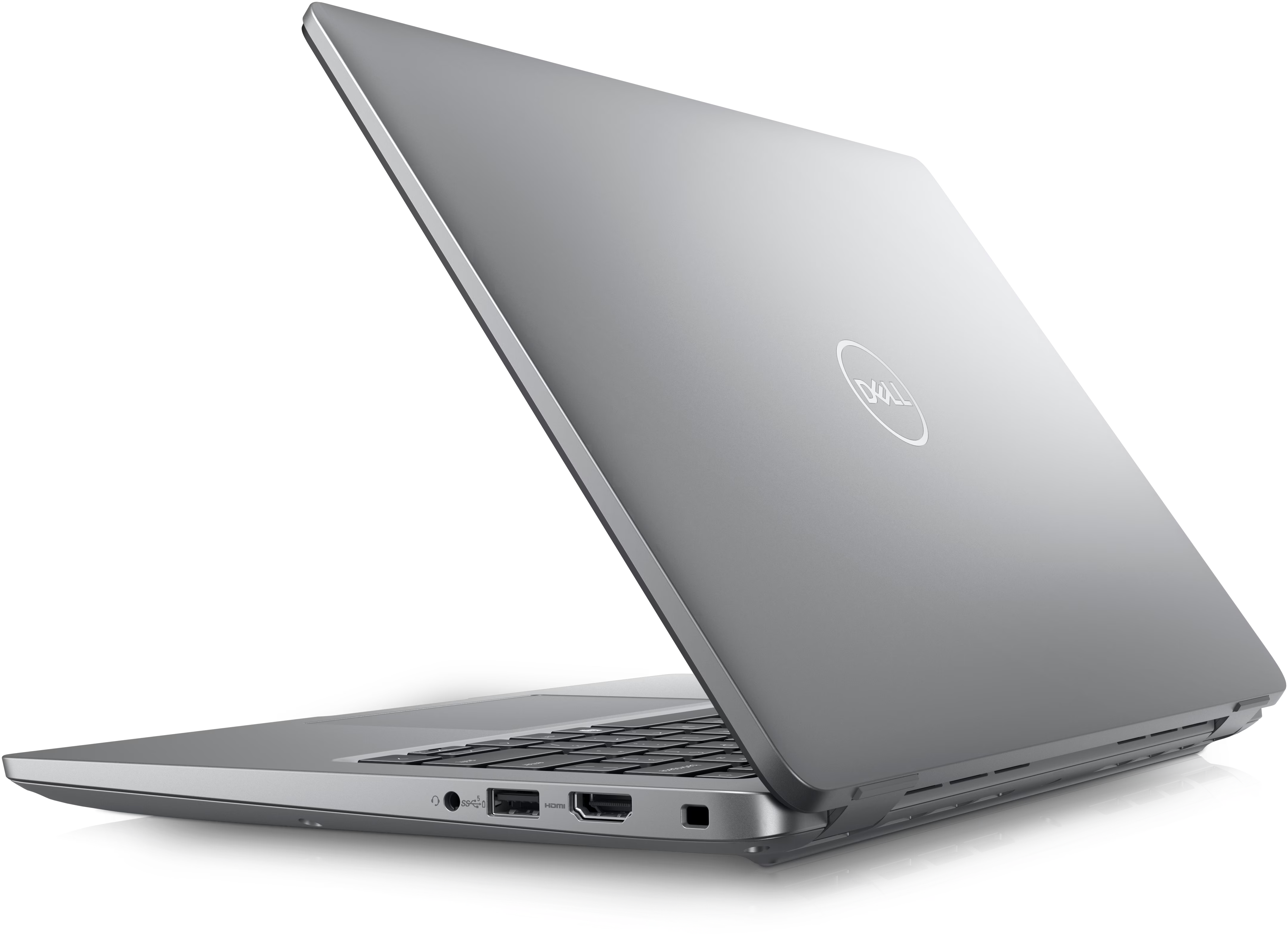 A Dell Latitude 5450 laptop partially open at a side angle, showcasing ports and a clean, sleek design. The lid bears the brand logo.