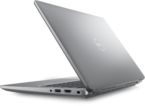 A Dell Latitude 5450 laptop partially open at a side angle, showcasing ports and a clean, sleek design. The lid bears the brand logo.