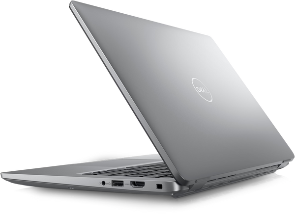 A Dell Latitude 5450 laptop partially open at a side angle, showcasing ports and a clean, sleek design. The lid bears the brand logo.