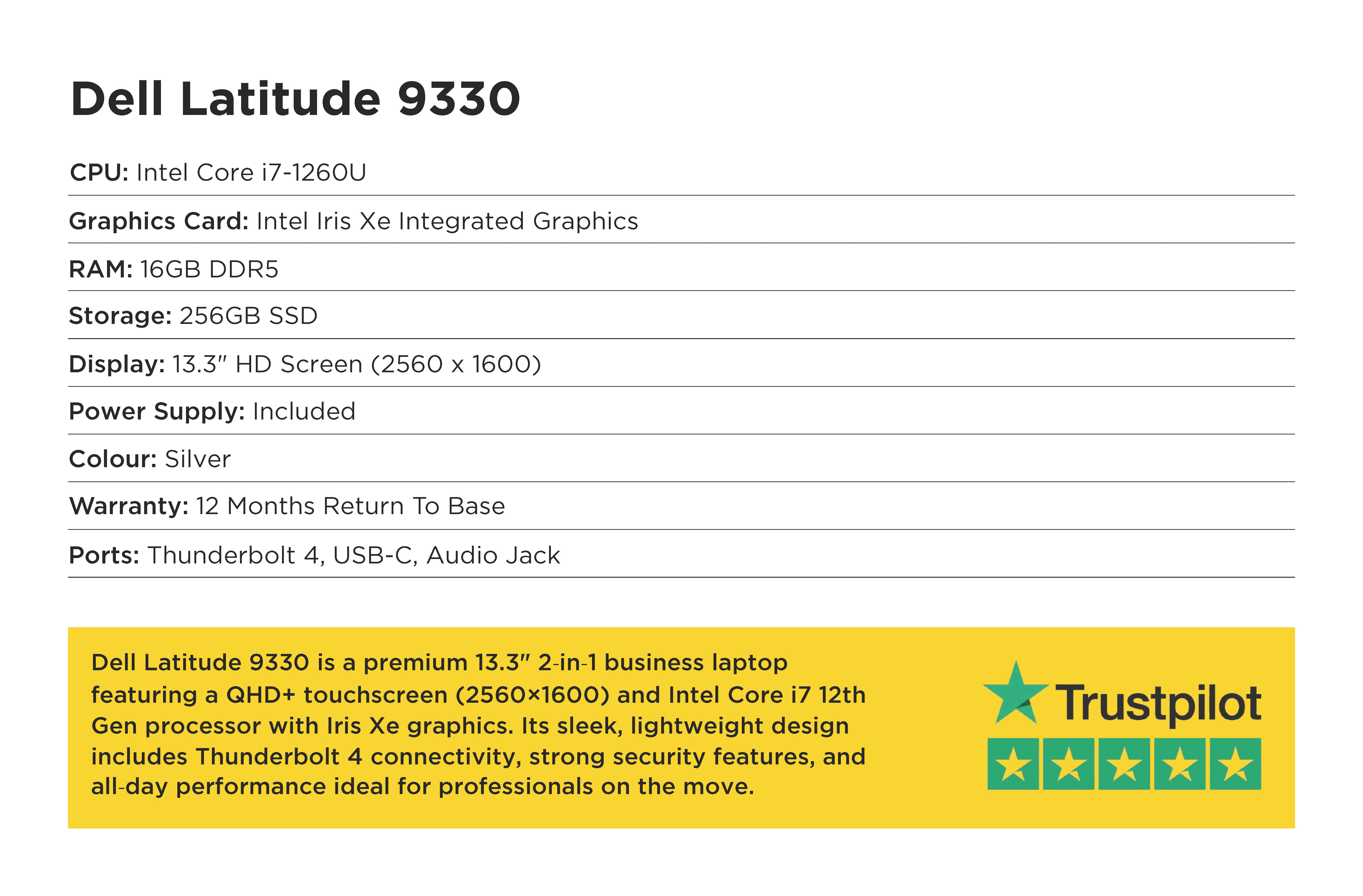 Specifications for Dell Latitude 9330, featuring an Intel Core i7-1260U, 16GB RAM, 256GB SSD, and a 13.3-inch QHD+ display. Includes Thunderbolt 4 ports. A Trustpilot 5-star rating is highlighted below.