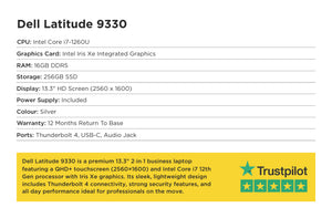 Specifications for Dell Latitude 9330, featuring an Intel Core i7-1260U, 16GB RAM, 256GB SSD, and a 13.3-inch QHD+ display. Includes Thunderbolt 4 ports. A Trustpilot 5-star rating is highlighted below.