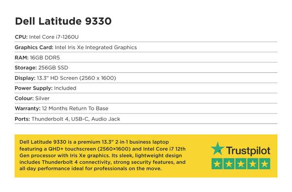 Specifications for Dell Latitude 9330, featuring an Intel Core i7-1260U, 16GB RAM, 256GB SSD, and a 13.3-inch QHD+ display. Includes Thunderbolt 4 ports. A Trustpilot 5-star rating is highlighted below.