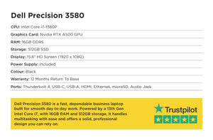Technical specifications of Dell Precision 3580 laptop on a white background with Trustpilot rating.