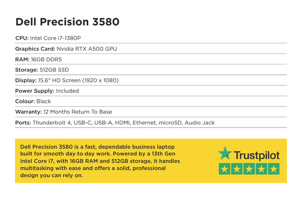 Technical specifications of Dell Precision 3580 laptop on a white background with Trustpilot rating.