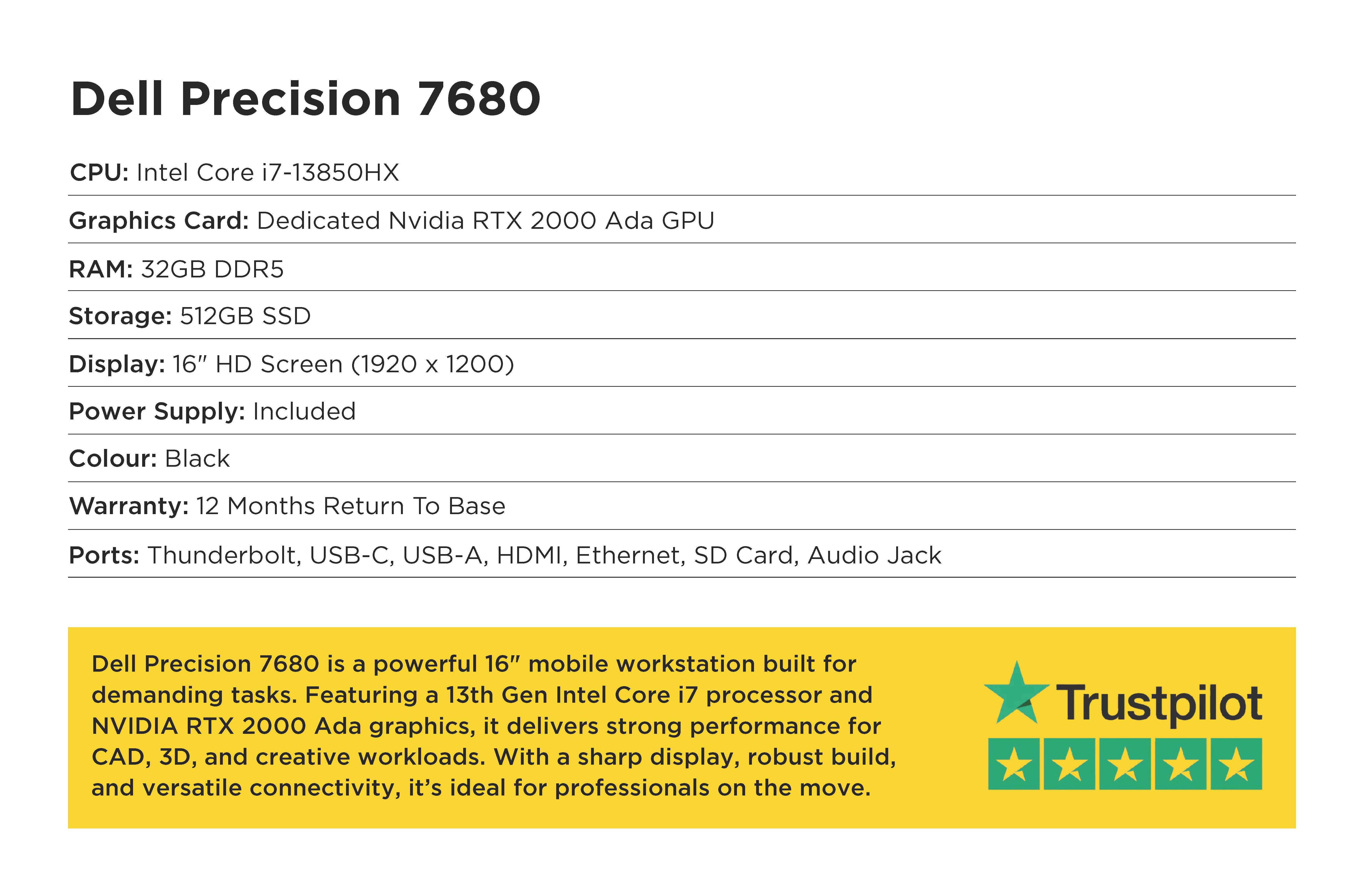 Technical specifications of Dell Precision 7680 on a white background with Trustpilot rating.