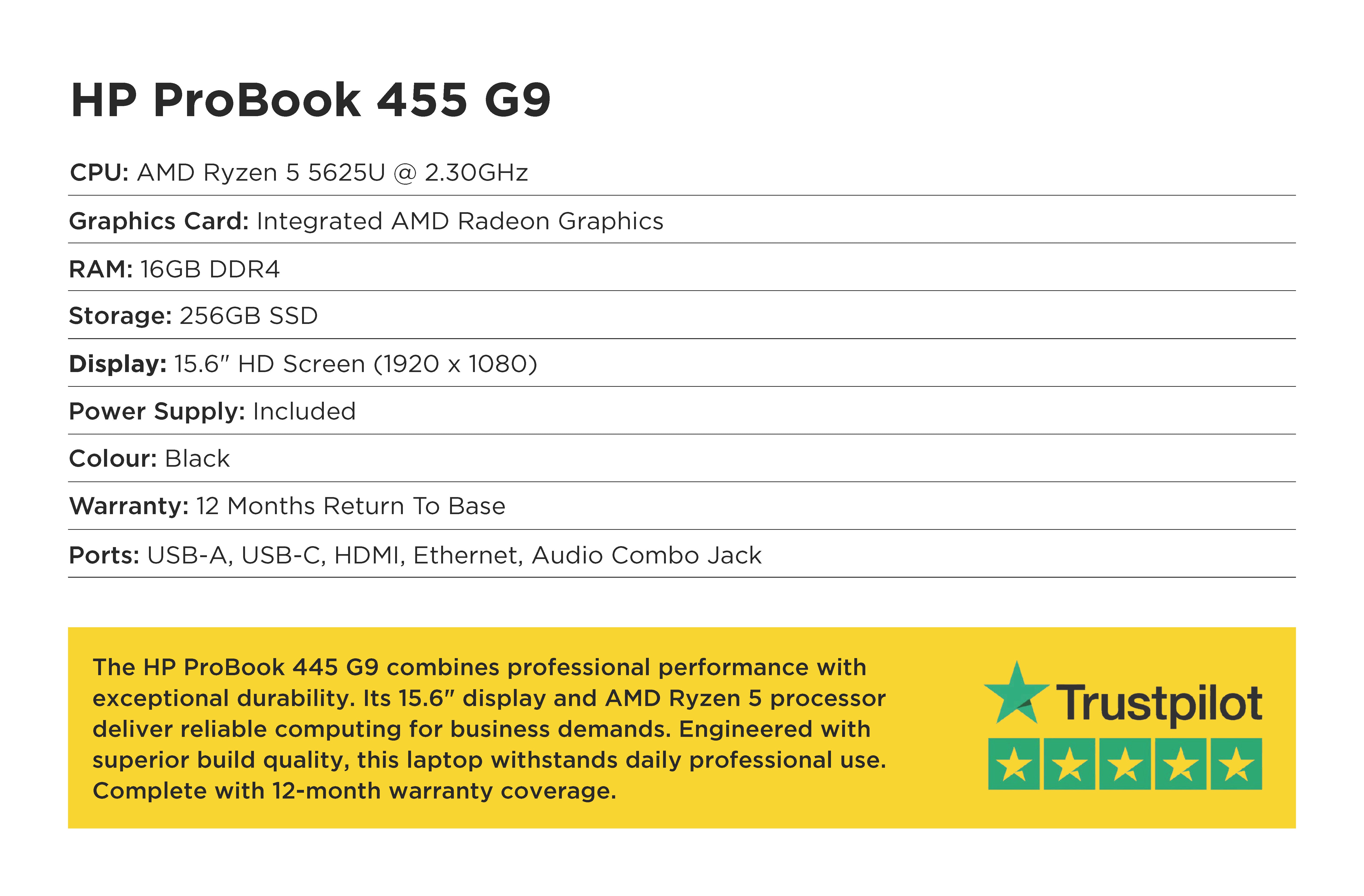 Product specifications of HP ProBook 445 G9 on a white background with Trustpilot rating.