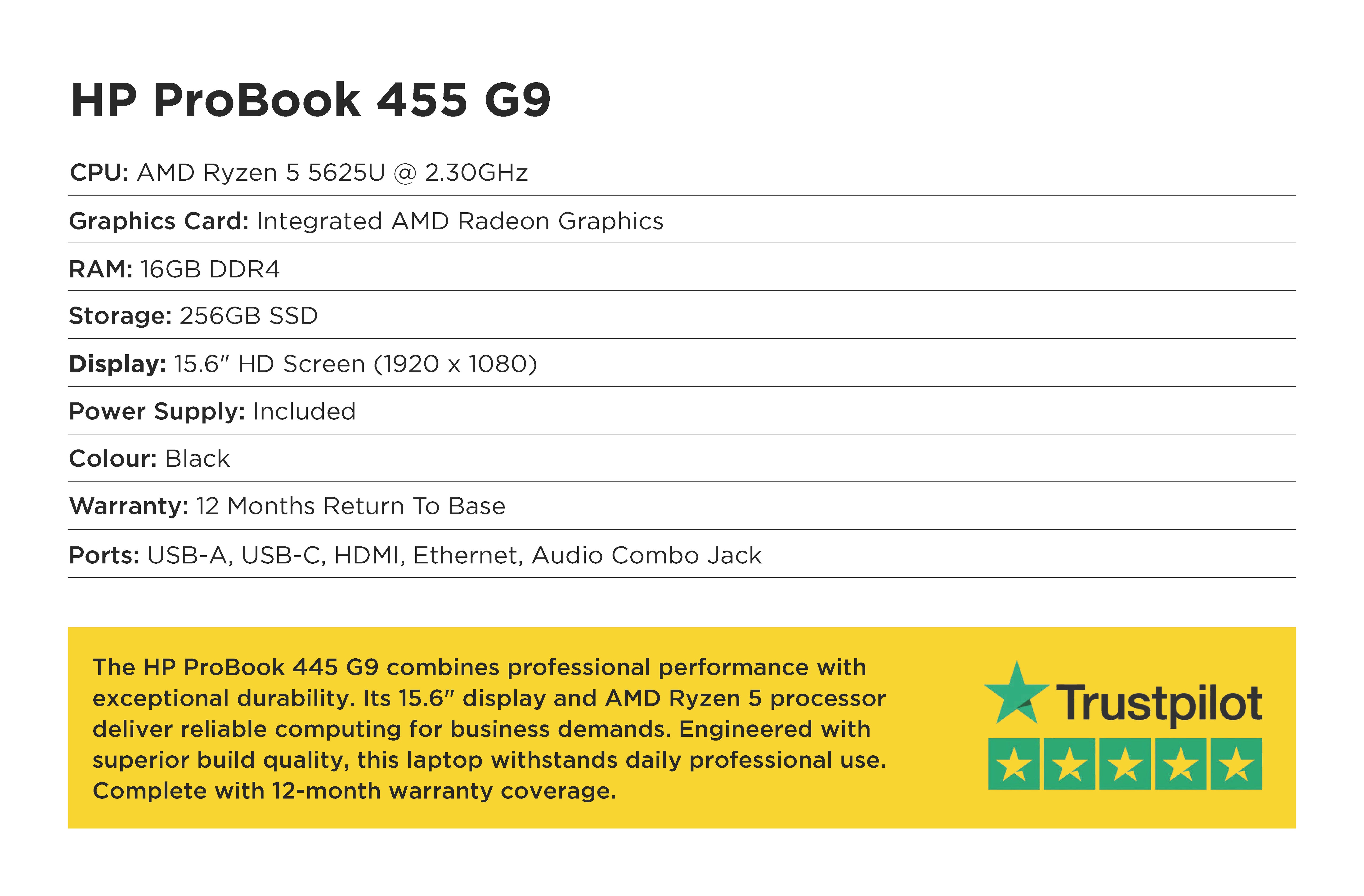 Product specifications of HP ProBook 445 G9 on a white background with Trustpilot rating.