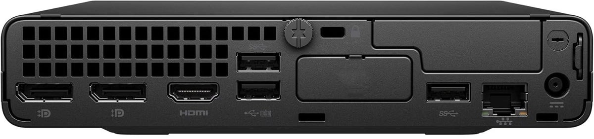 Front view of a HP ProDesk 400 G9 Mini showing its ports and ventilation grilles on a white background.