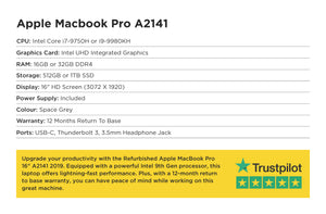 Specification card for Apple MacBook Pro 16" A2141 2019