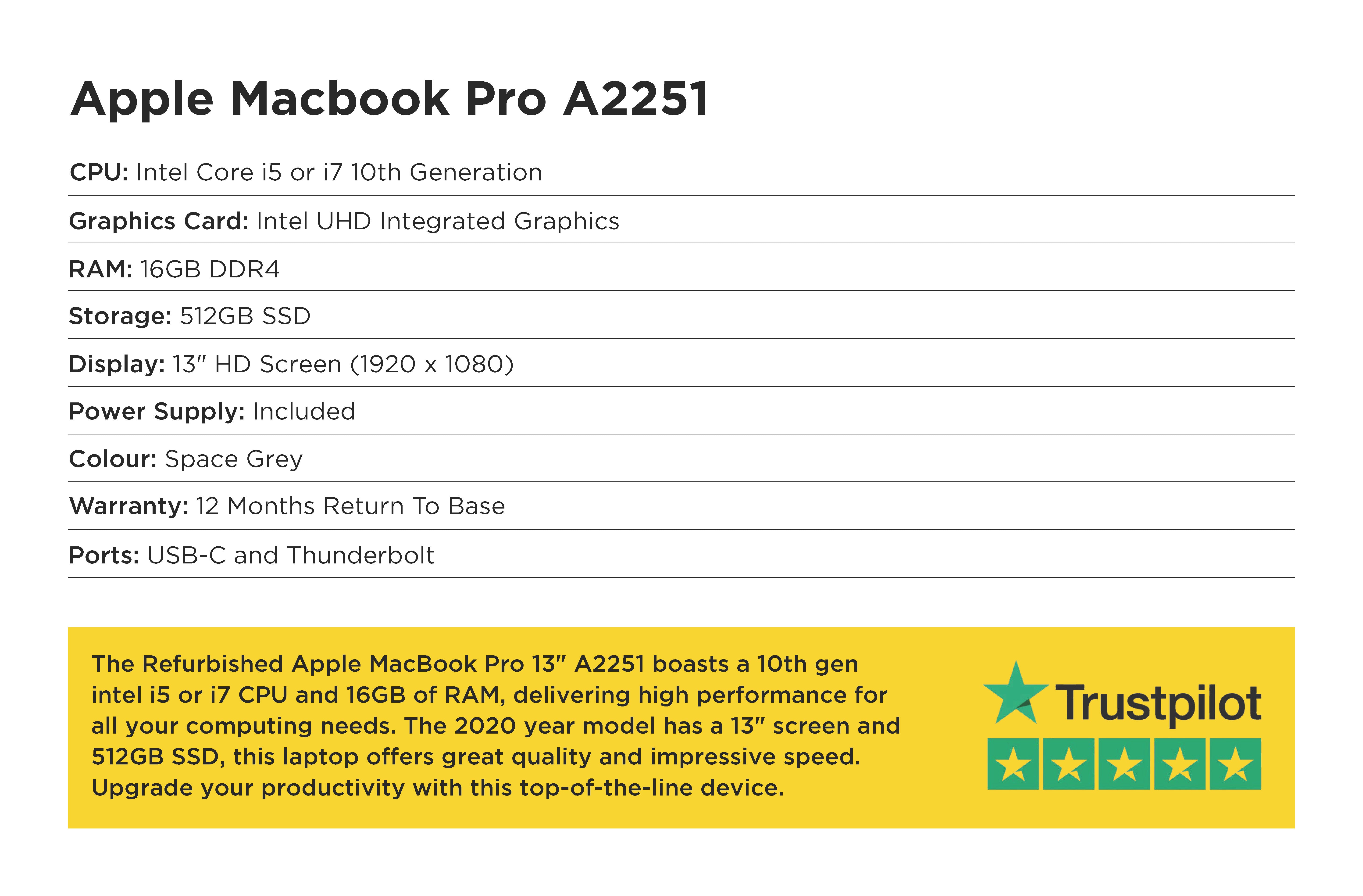 Specification card for Apple MacBook Pro 13" A2251 2020
