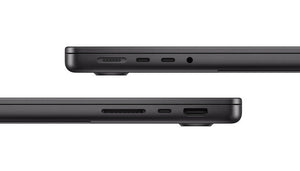 Close-up of the side ports on a black Apple Macbook Pro A2992