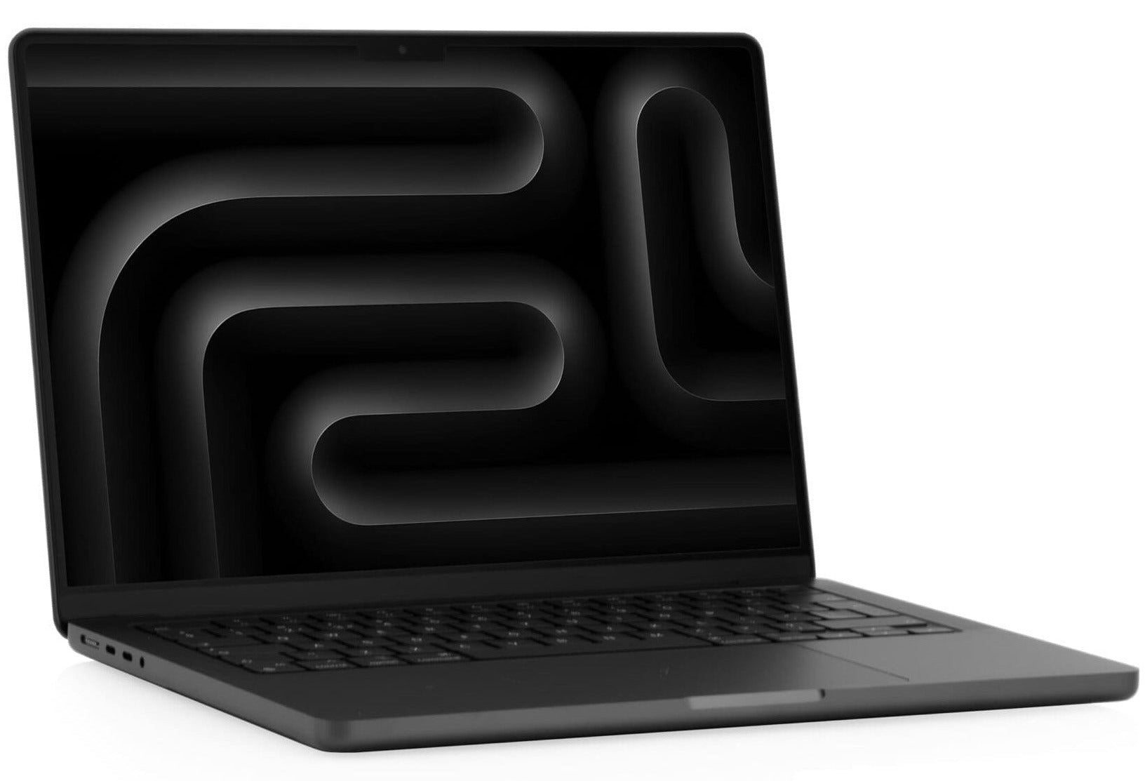 Black Apple Macbook Pro A2992 pen with black wavy screensaver