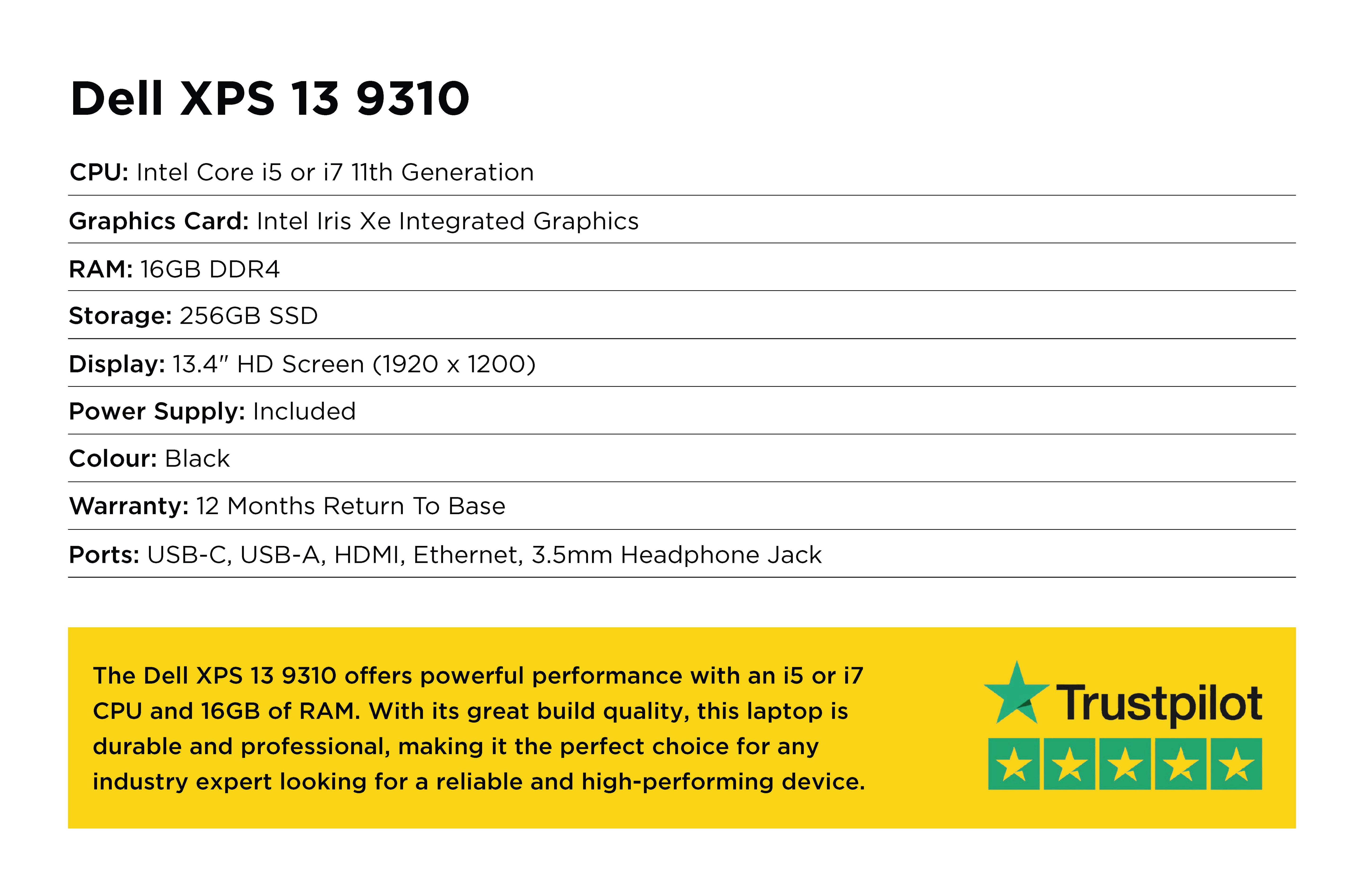 Specification card for Dell XPS 13 9310