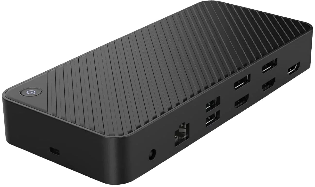 Black USB hub with multiple ports on a white background